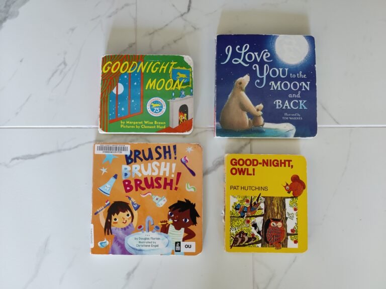 bedtime books for toddlers arranged on a table
