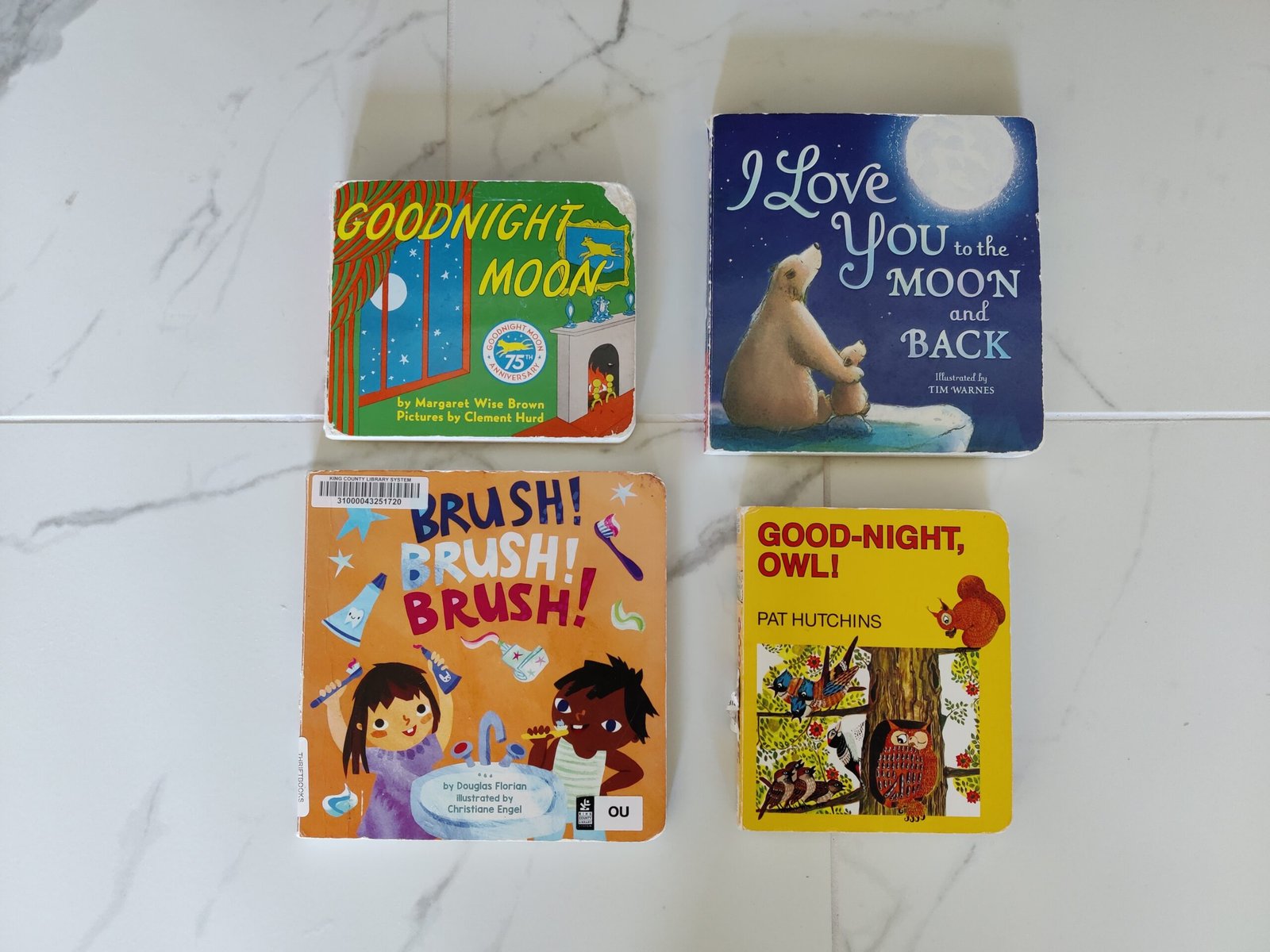 bedtime books for toddlers arranged on a table